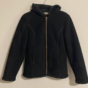 L.L. Bean Women’s Coat Small Black Suede Sherpa Hooded Activewear Gorpcore